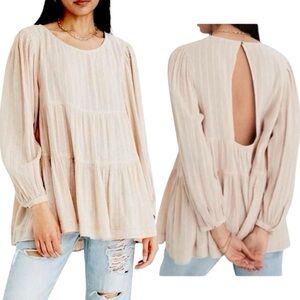 AMERICAN EAGLE Women's Beige Tiered Babydoll Open Back Boho Flowy Blouse M NWT